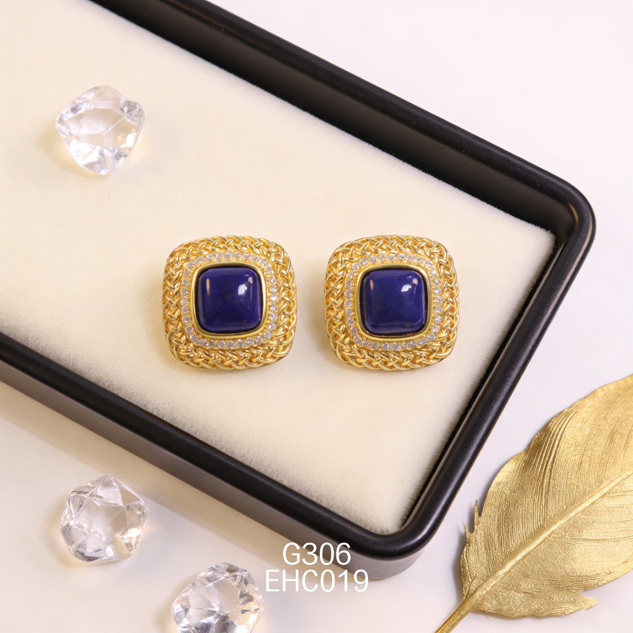 电镀黄金 8ｍm 锆石网纹青金石耳环