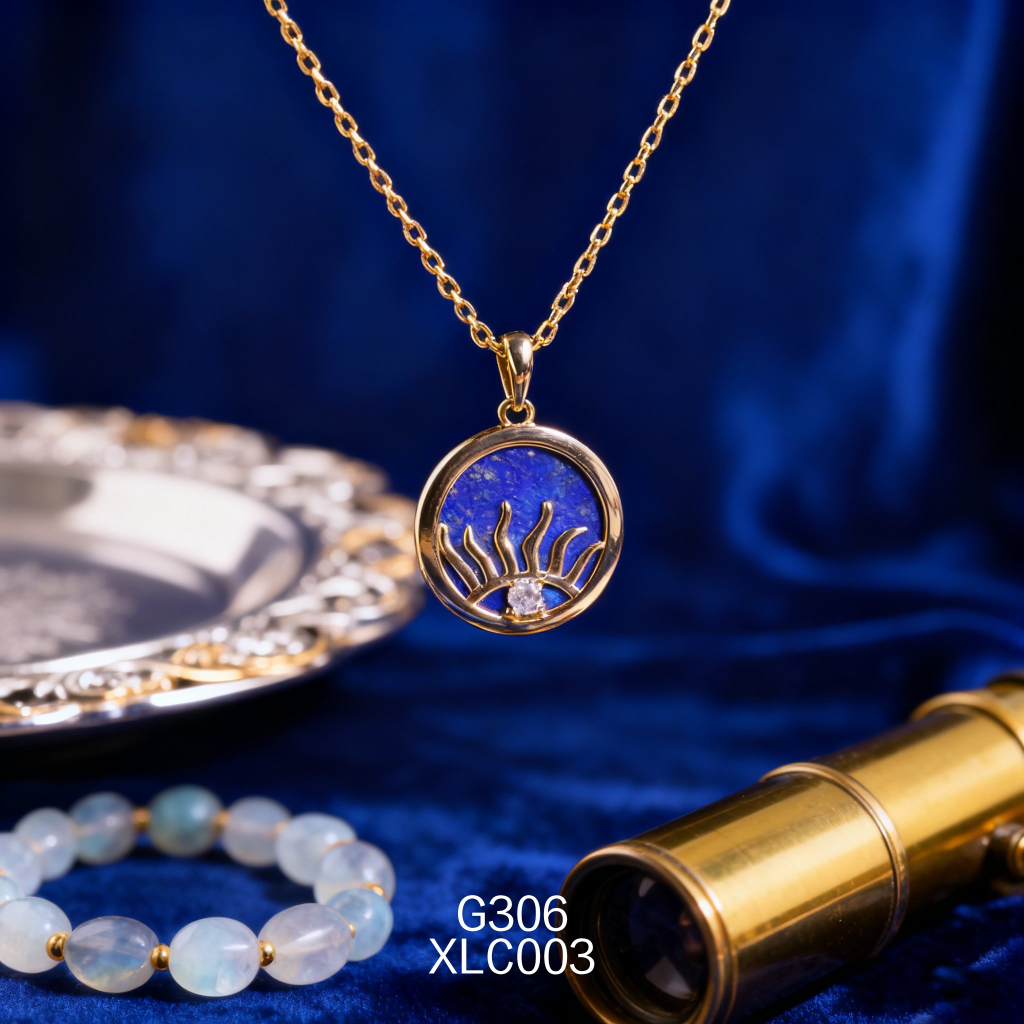 Collana placcata oro con Lapislazzuli e Malocchio/Nazardo 15mm