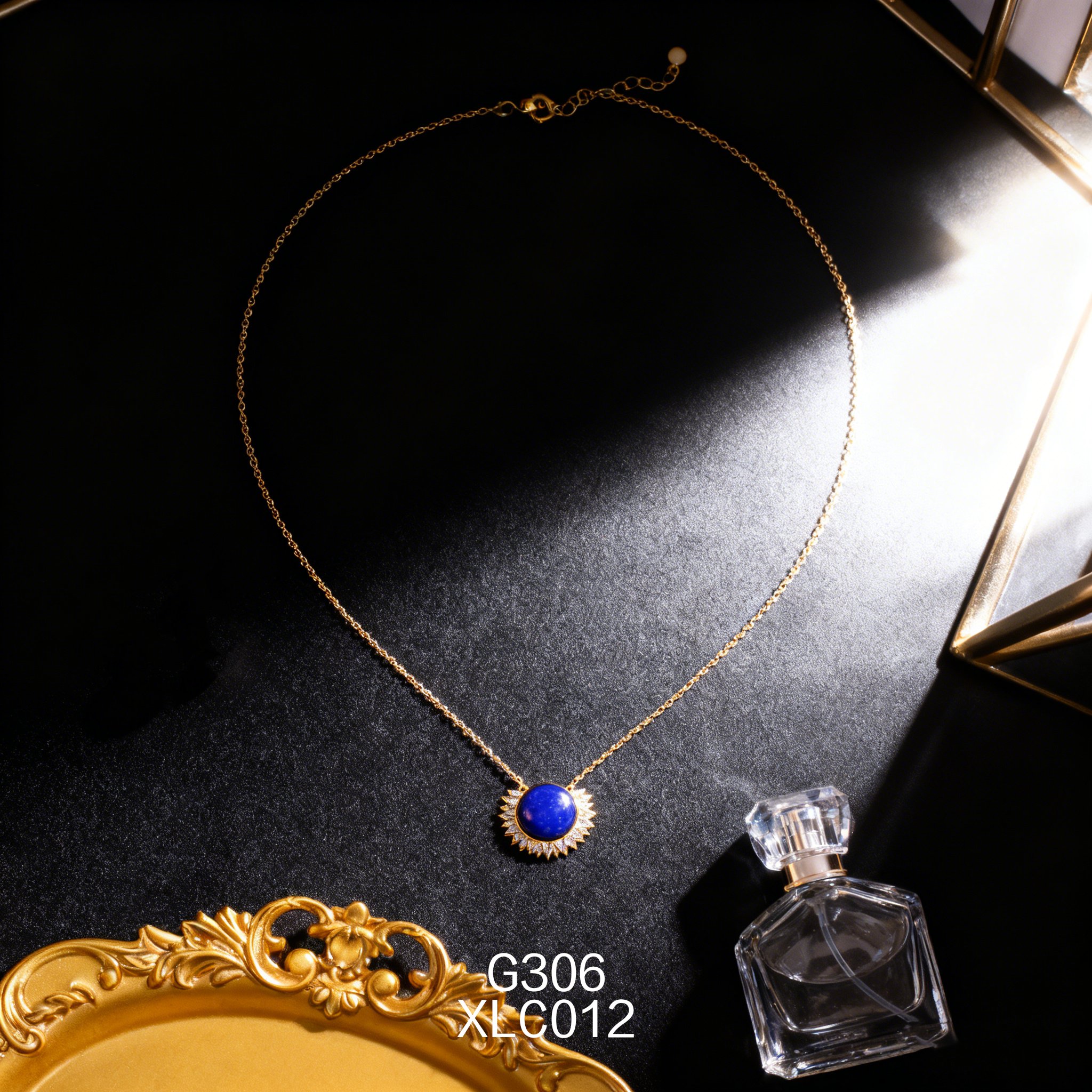 电镀黄金12.6 x 5mm 锆石青金项链