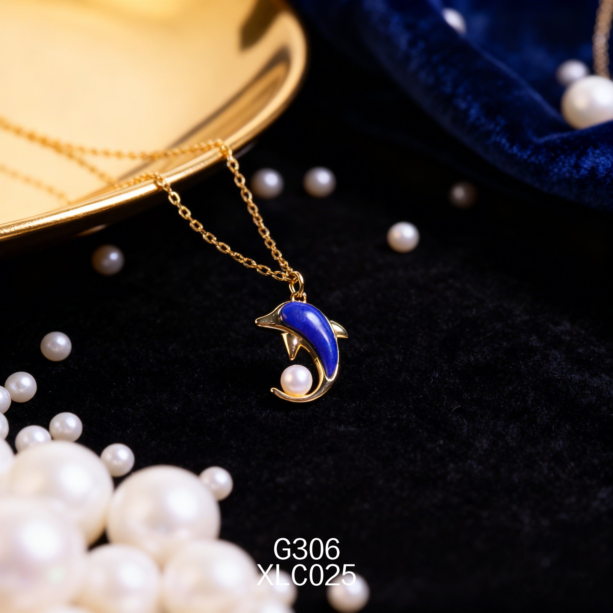 Collana placcata oro con Perla Akoya 50-55mm, Lapislazzuli e Delfino