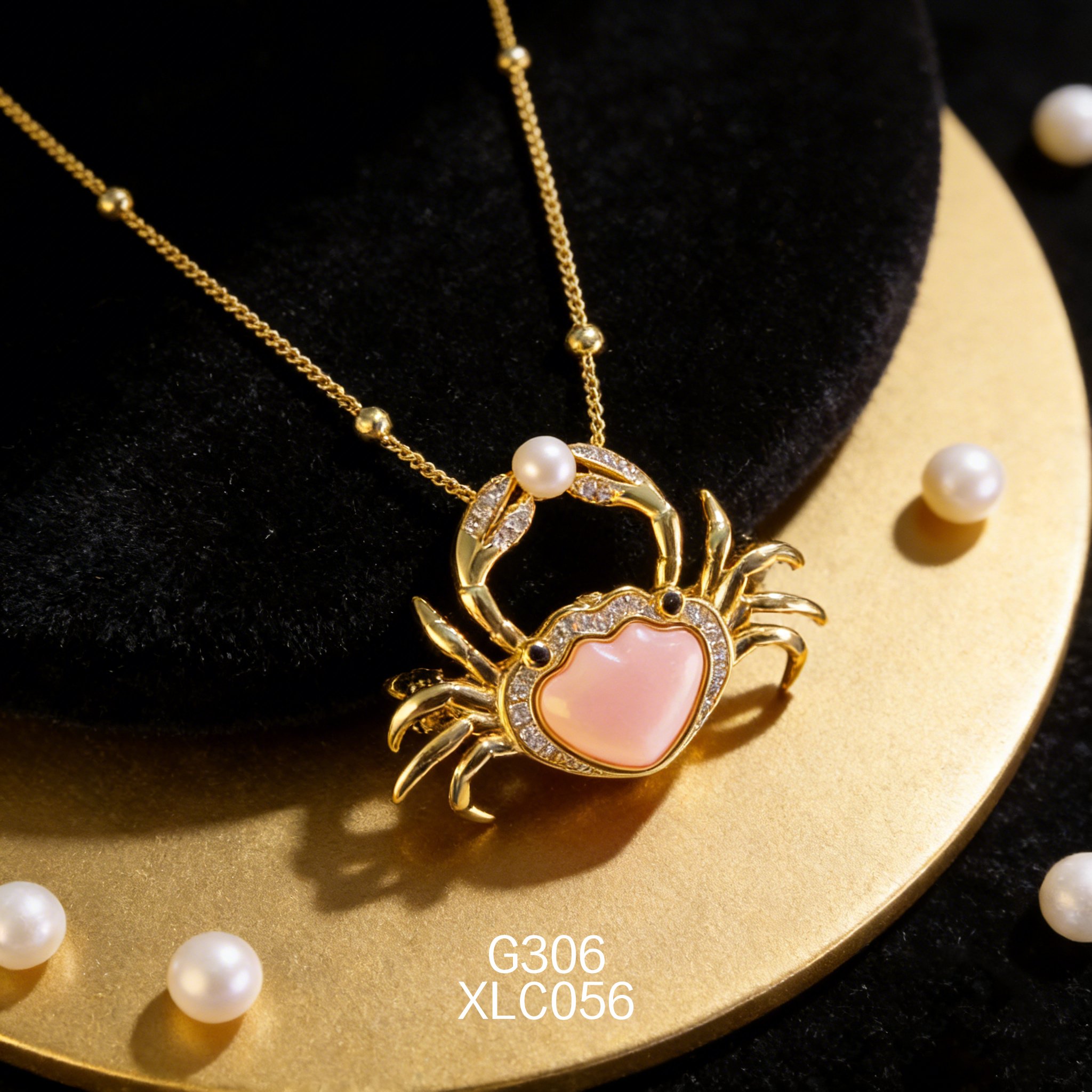 电镀黄金 Akoya3540 女皇贝螃蟹胸针项链