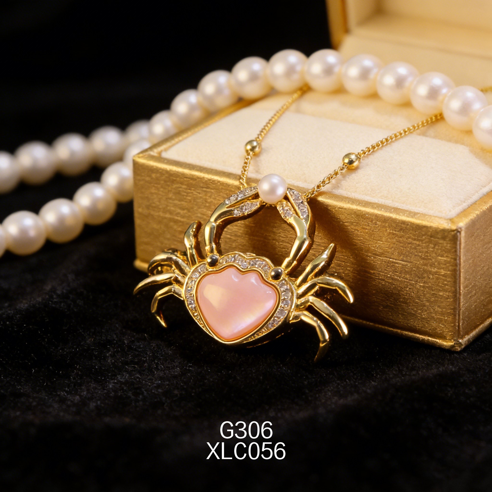 电镀黄金 Akoya3540 女皇贝螃蟹胸针项链