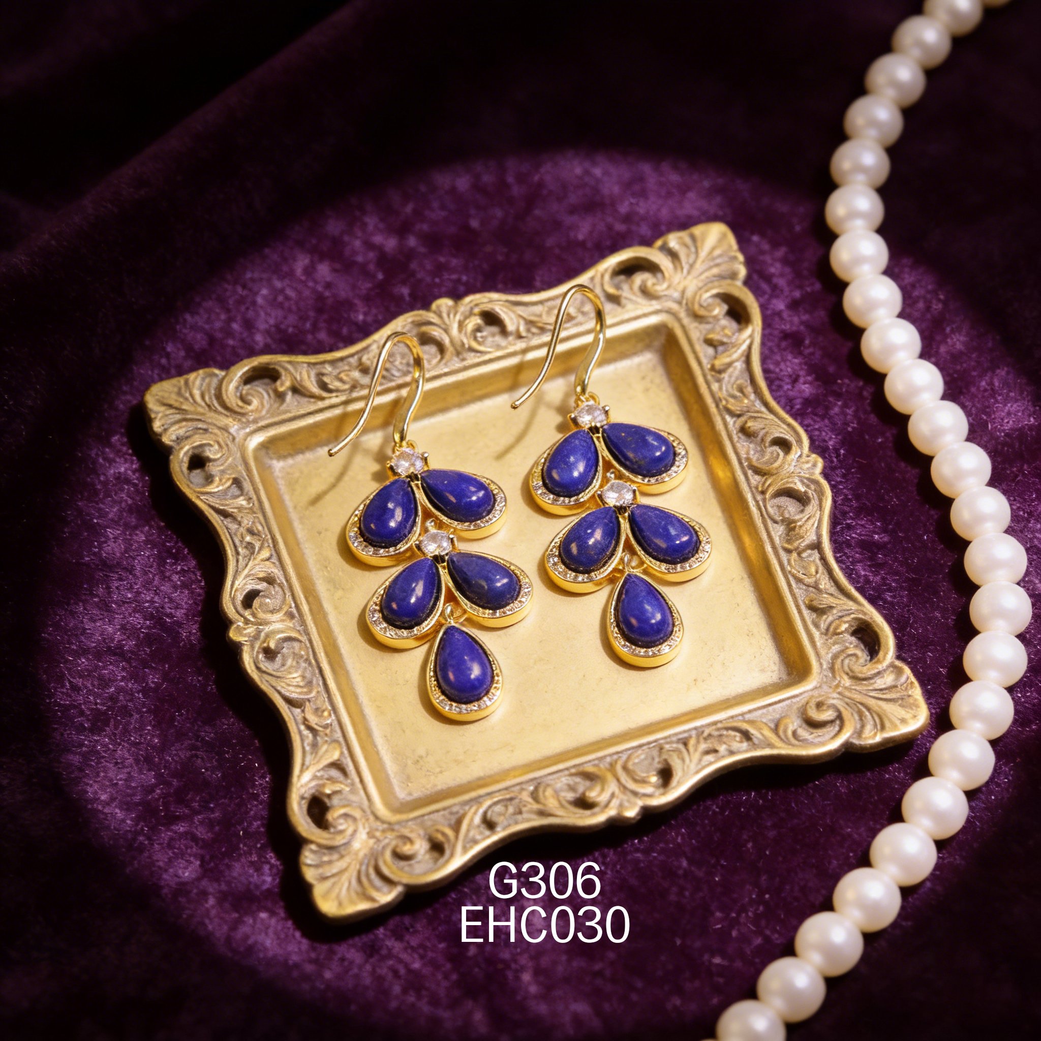 电镀黄金青金石耳环