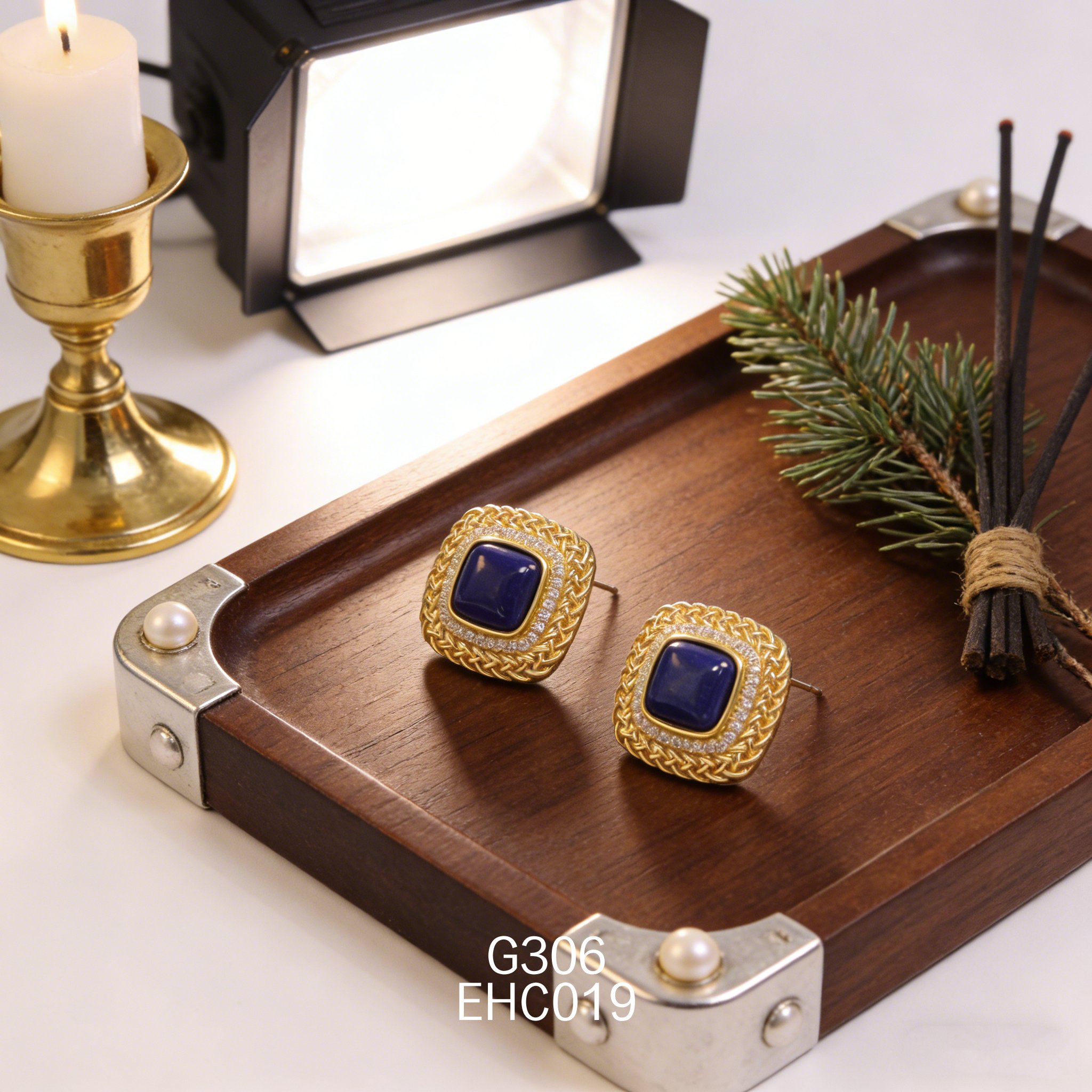 电镀黄金 8ｍm 锆石网纹青金石耳环