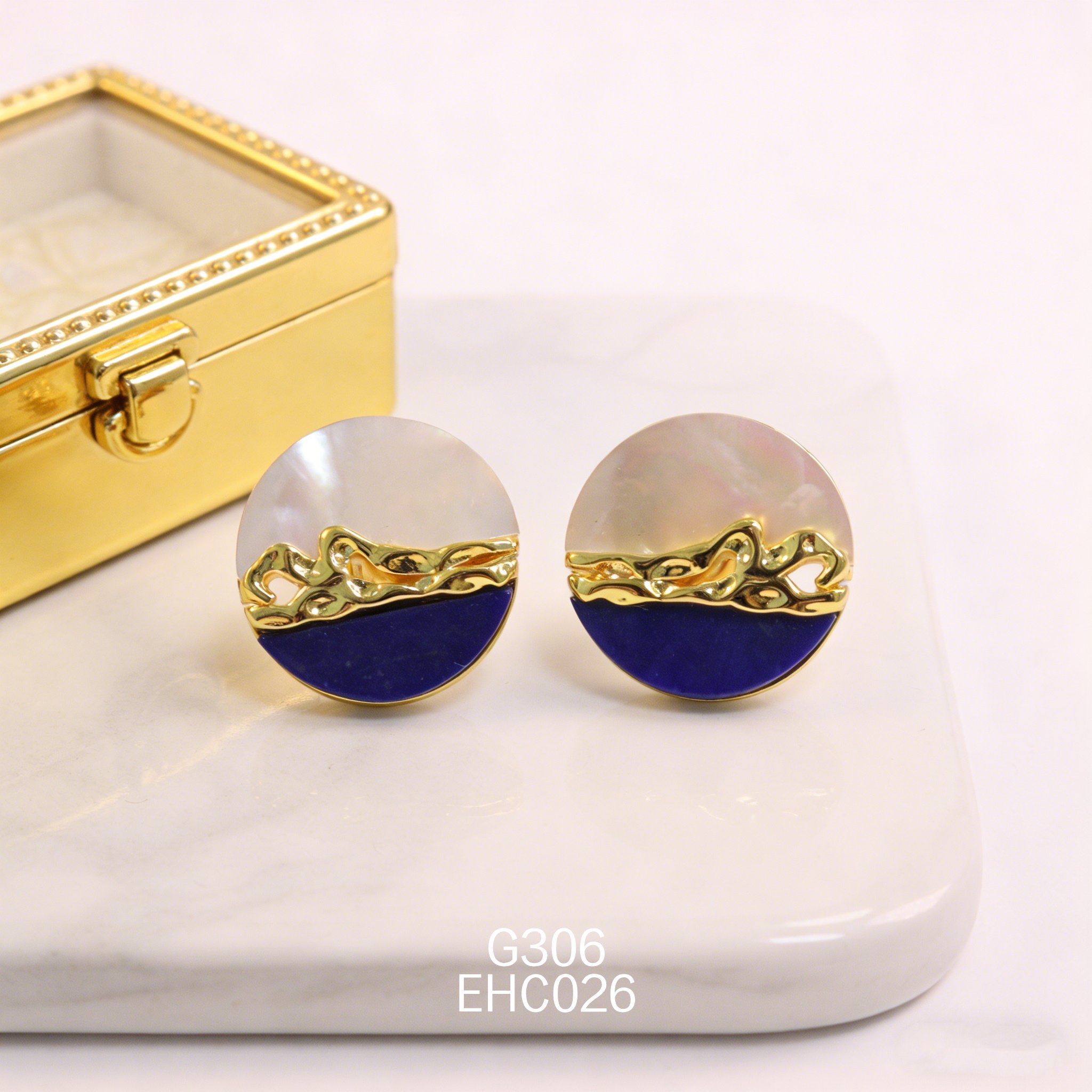 电镀黄金白贝青金石小众高级耳环