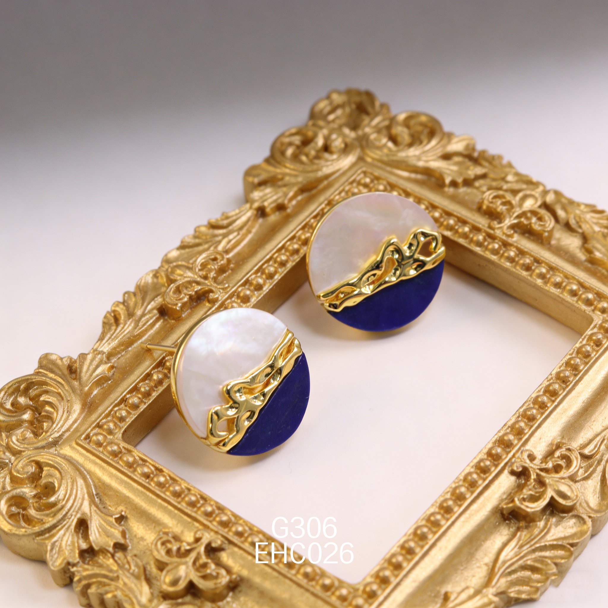 电镀黄金白贝青金石小众高级耳环