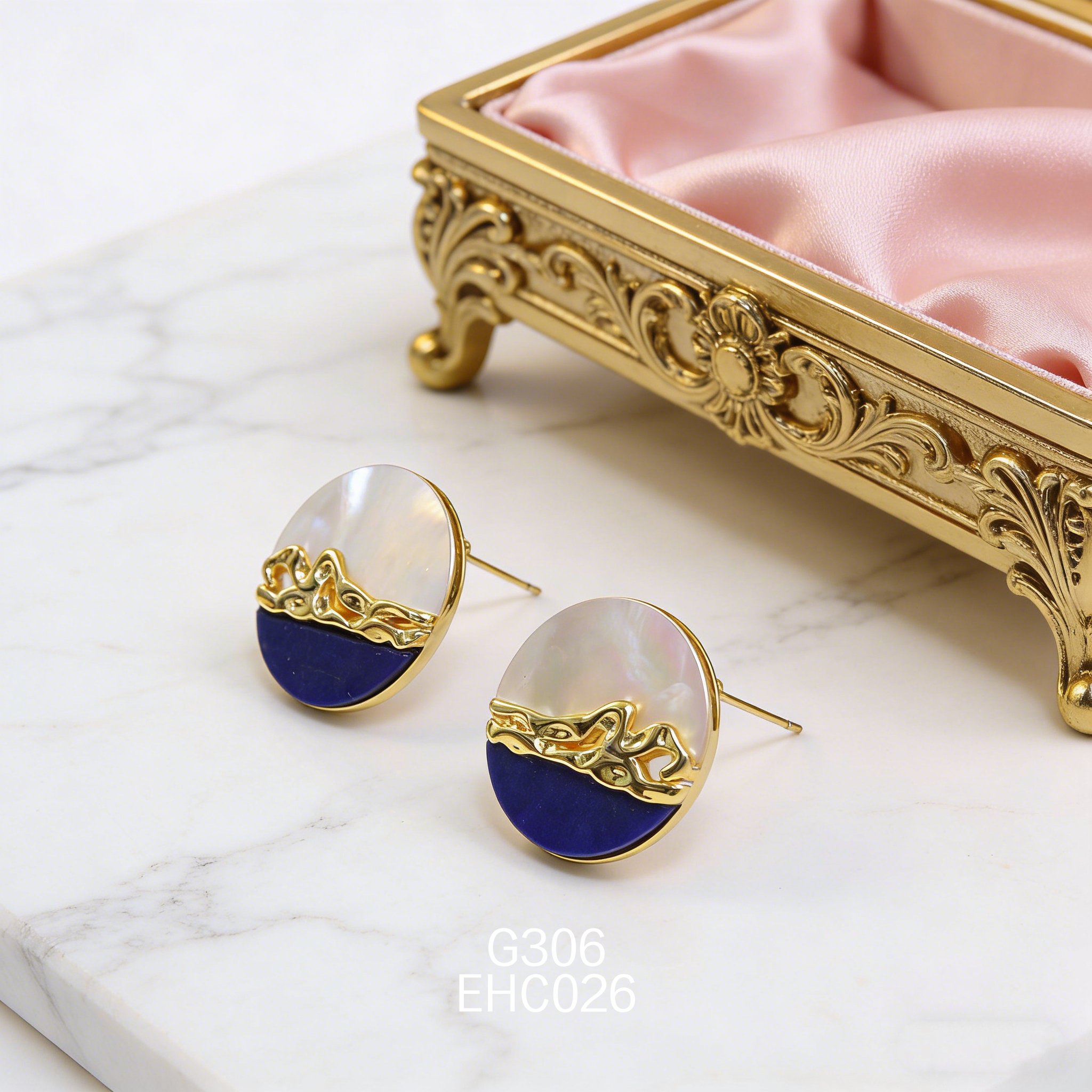 电镀黄金白贝青金石小众高级耳环