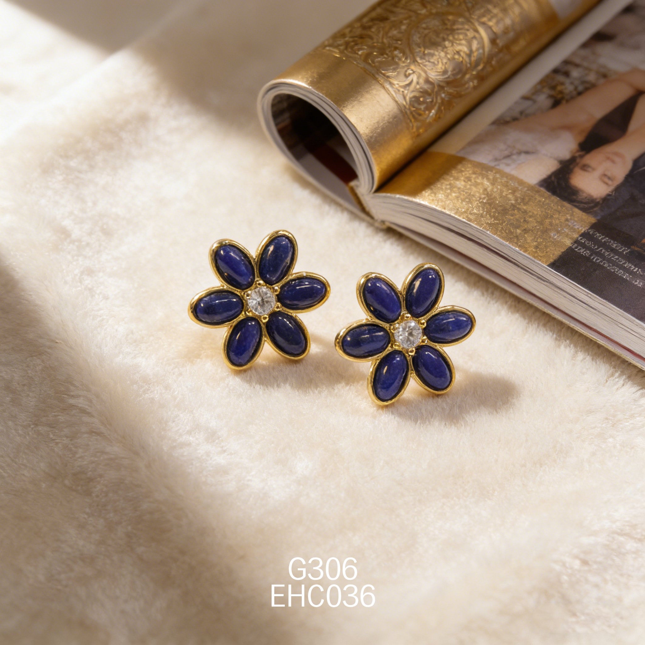 电镀黄金锆石花朵青金耳环