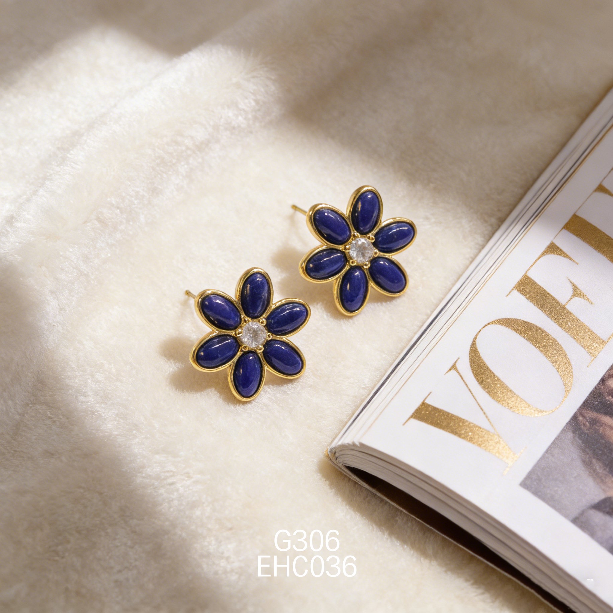 电镀黄金锆石花朵青金耳环