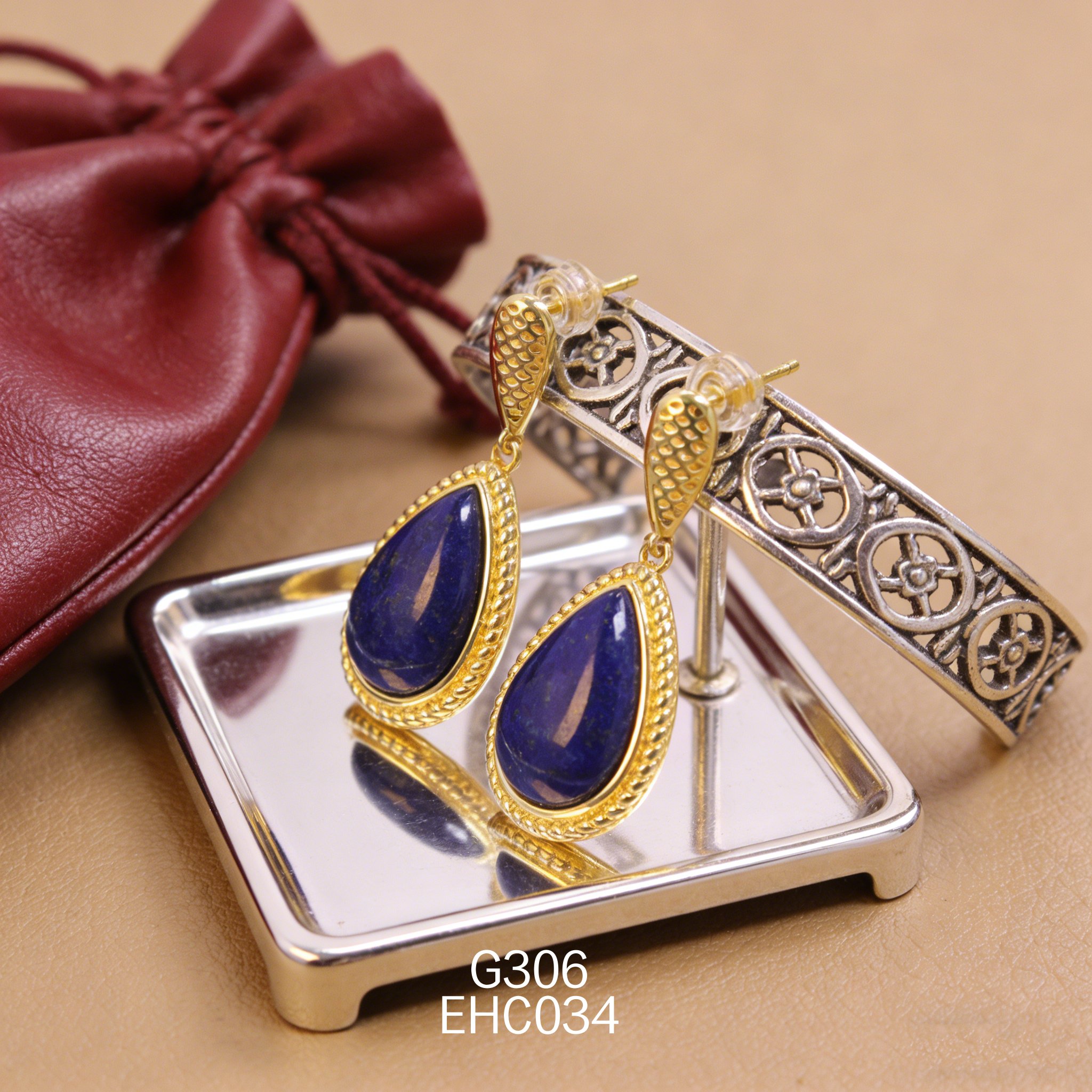 电镀黄金梨形青金耳环